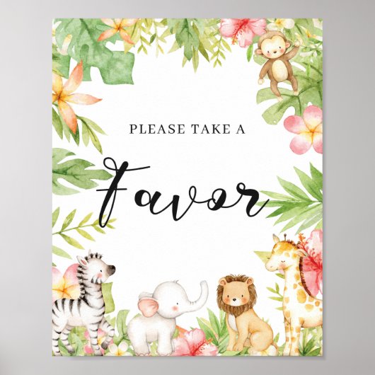 Safari Oerwoud Animals Baby shower Favors Sign Poster (Voorkant)