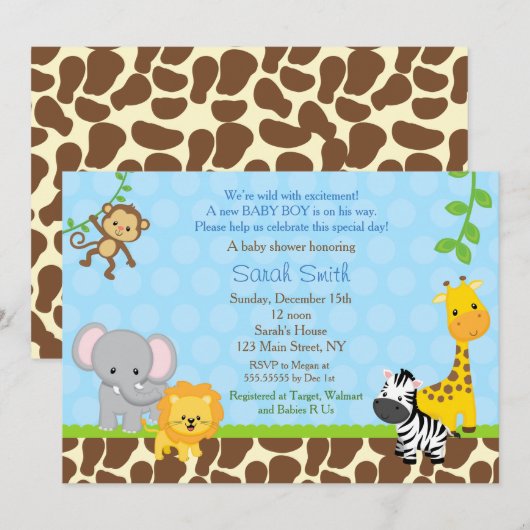 Safari Oerwoud Animals Baby Shower Invitations Boy Kaart (Voorkant / Achterkant)