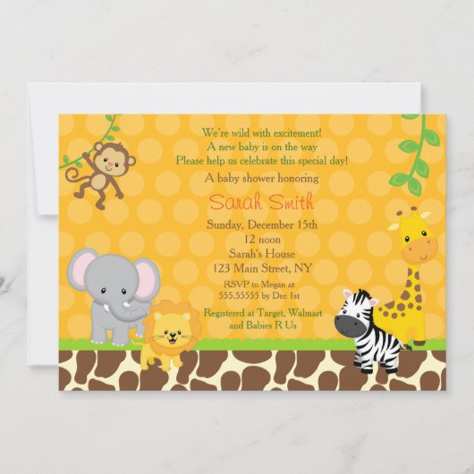 Safari Oerwoud Animals Baby Shower Invitations Kaart (Voorkant)