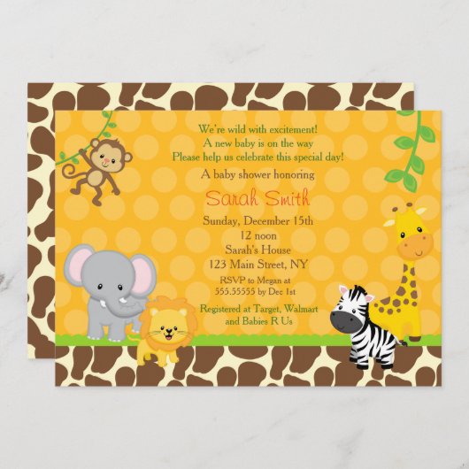 Safari Oerwoud Animals Baby Shower Invitations Kaart (Voorkant / Achterkant)