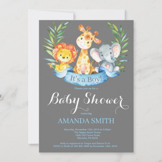 Safari Oerwoud Animals Boy Baby shower Invitation Kaart (Voorkant)