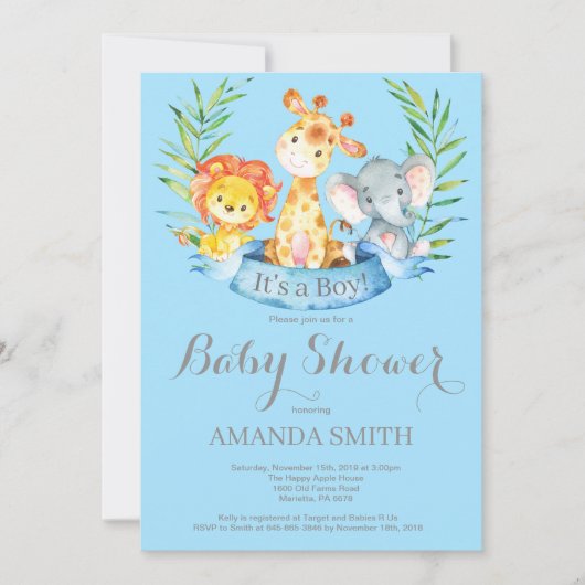 Safari Oerwoud Animals Boy Baby shower Invitation Kaart (Voorkant)