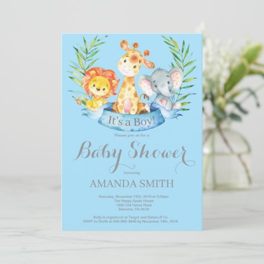 Safari Oerwoud Animals Boy Baby shower Invitation Kaart (Staand voorkant)