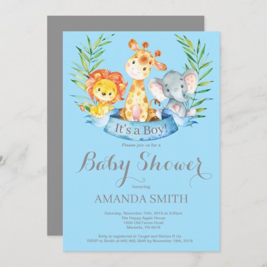 Safari Oerwoud Animals Boy Baby shower Invitation Kaart (Voorkant / Achterkant)