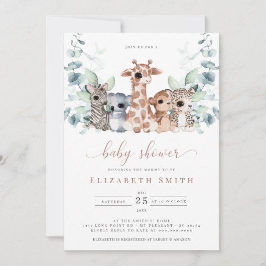 Safari Oerwoud Animals Eucalyptus Baby shower Kaart (Voorkant)
