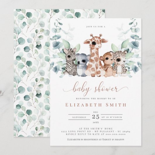 Safari Oerwoud Animals Eucalyptus Baby shower Kaart (Voorkant / Achterkant)