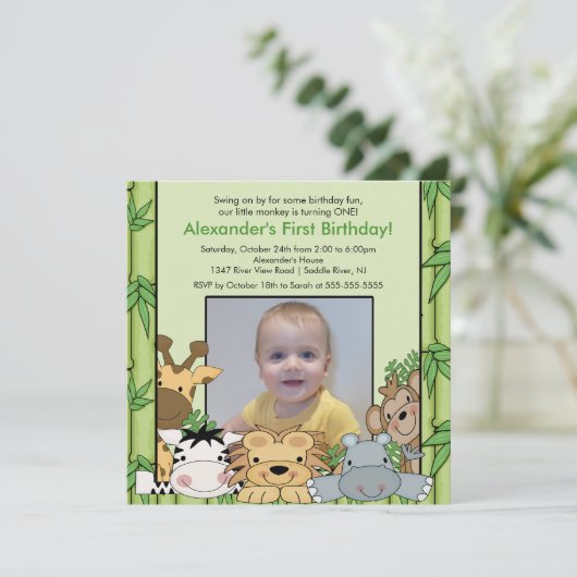 Safari Oerwoud Animals Foto Birthday Invitation Kaart (Staand voorkant)