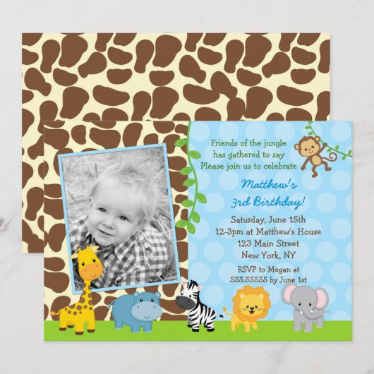 Safari Oerwoud Animals Foto Verjaardagsuitnodiging Kaart (Voorkant / Achterkant)