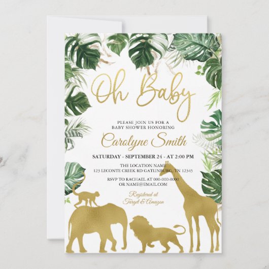 Safari Oerwoud Animals Gold Baby shower Invitation Kaart (Voorkant)