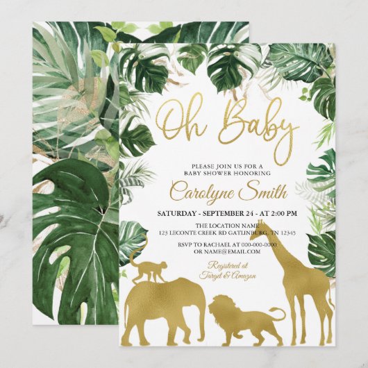 Safari Oerwoud Animals Gold Baby shower Invitation Kaart (Voorkant / Achterkant)