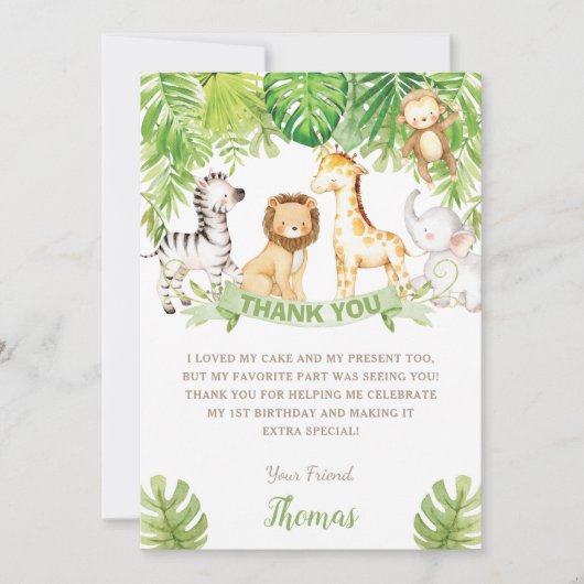 Safari Oerwoud Animals Green Forest Verjaardag Bab Bedankkaart (Voorkant)
