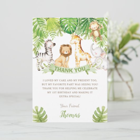 Safari Oerwoud Animals Green Forest Verjaardag Bab Bedankkaart (Staand voorkant)