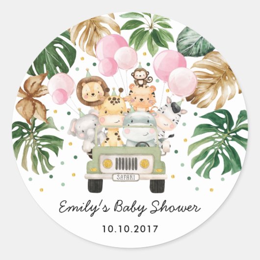 Safari Oerwoud Animals Greenery Pink Balloons Baby Ronde Sticker (Voorkant)