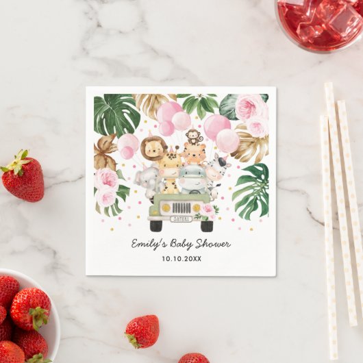 Safari Oerwoud Animals Greenery Pink Balloons Baby Servet (Insitu)