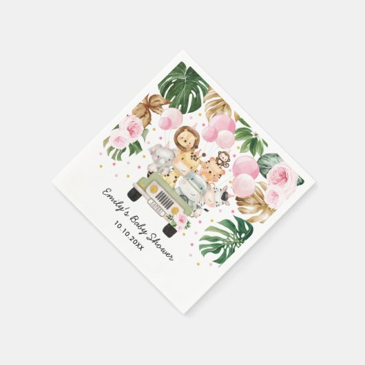 Safari Oerwoud Animals Greenery Pink Balloons Baby Servet (Hoek)