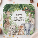 Safari Oerwoud Animals thema kids birthday Papieren Bordje<br><div class="desc">Stap in een grillige wereld van avontuur met ons Safari Oerwoud Animals Theme Birthday Paper Bord, een heerlijke aanvulling op de verjaardagsviering van elk jongetje. Elk bord heeft een betoverend ontwerp van waterverf-gerenderde babydieren, waaronder een giraffe, tijger, olifant, zebra en meer, speels genesteld tussen weelderige tropische bladeren. Deze charmante borden...</div>