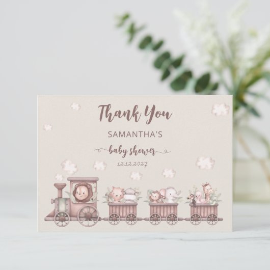 Safari Oerwoud Animals Train Baby shower Dank u Kaart (Staand voorkant)