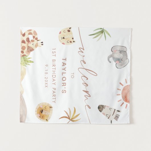 SAFARI Oerwoud Animals Verjaardag Welkom Wandkleed (Voorkant (horizontaal))