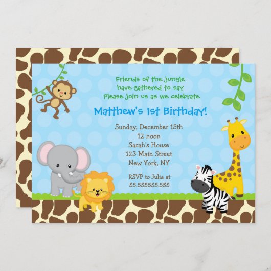 Safari Oerwoud Animals Verjaardagsfeestuitnodiging Kaart (Voorkant / Achterkant)