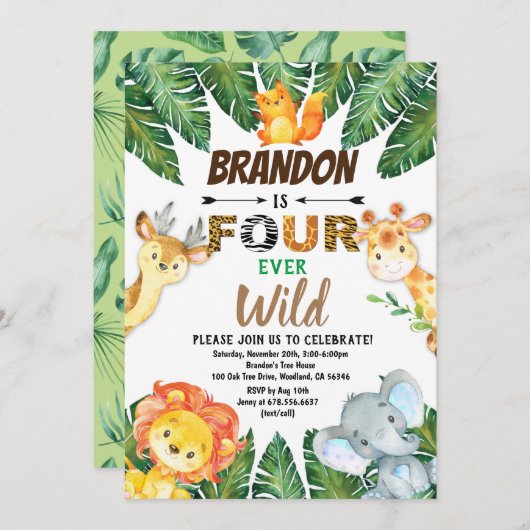 Safari Oerwoud Animals Vier per dag, vier jaar Wil Kaart (Voorkant / Achterkant)