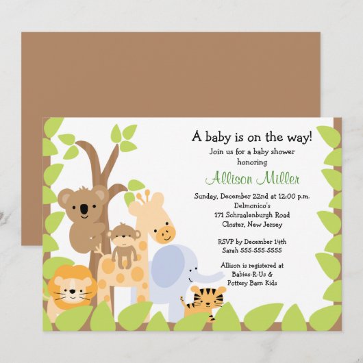 Safari Oerwoud Baby Animails Baby shower Uitnodigi Kaart (Voorkant / Achterkant)