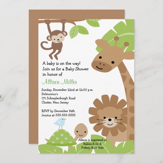 Safari Oerwoud Baby Animails Baby shower Uitnodigi Kaart (Voorkant / Achterkant)