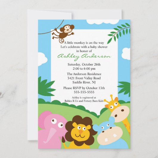 Safari Oerwoud Baby Animails Baby shower Uitnodigi Kaart (Voorkant)