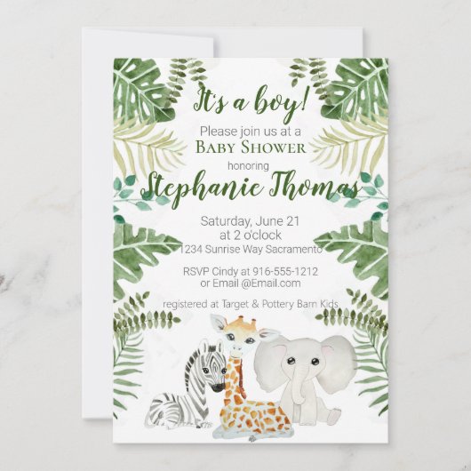 Safari Oerwoud Baby Boy Shower Invitation Kaart (Voorkant)