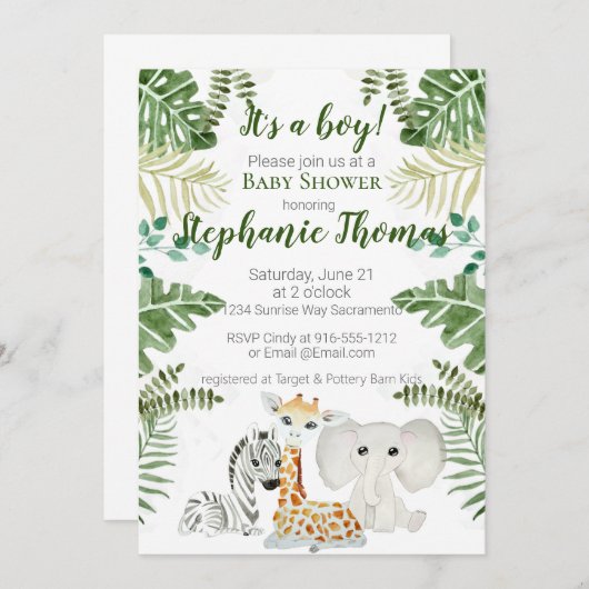 Safari Oerwoud Baby Boy Shower Invitation Kaart (Voorkant / Achterkant)