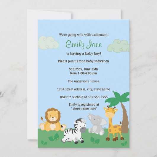 Safari Oerwoud Baby Boy Shower Invitation Kaart (Voorkant)