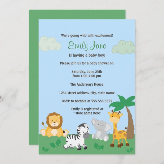 Safari Oerwoud Baby Boy Shower Invitation Kaart (Voorkant / Achterkant)