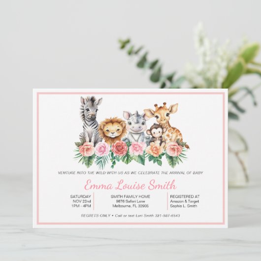 Safari Oerwoud Baby Meisje Douche Uitnodiging (Staand voorkant)