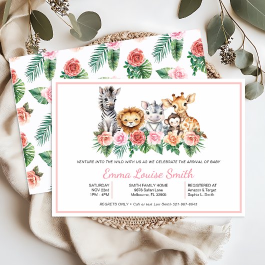 Safari Oerwoud Baby Meisje Douche Uitnodiging