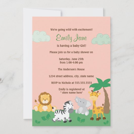 Safari Oerwoud Baby Meisje Douche Uitnodiging (Voorkant)
