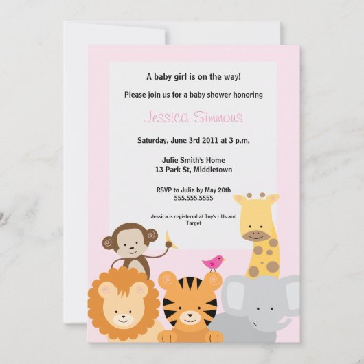 Safari Oerwoud Baby shower - Girl Kaart (Voorkant)