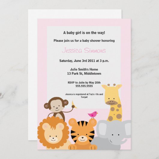 Safari Oerwoud Baby shower - Girl Kaart (Voorkant / Achterkant)