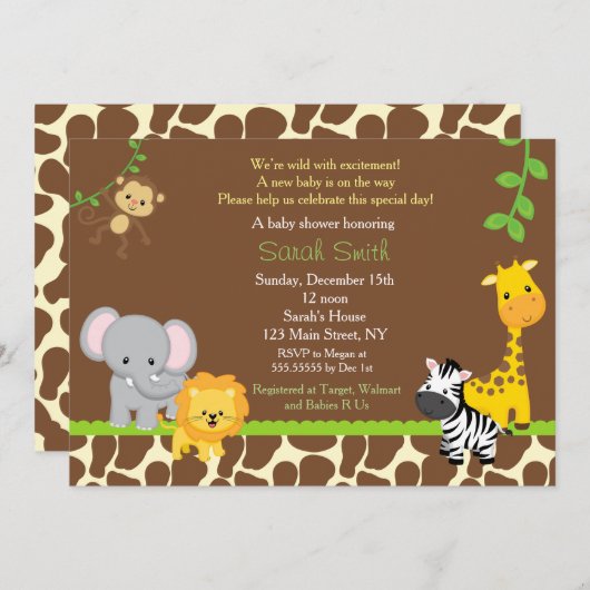 Safari Oerwoud Baby Shower Invitation Brow Kaart (Voorkant / Achterkant)