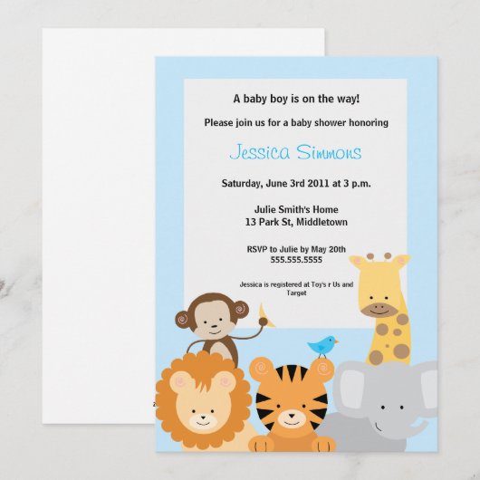 Safari Oerwoud Baby shower - Jongen Kaart (Voorkant / Achterkant)