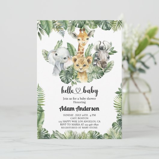 Safari Oerwoud Baby shower Uitnodiging – Leuk Dier (Staand voorkant)