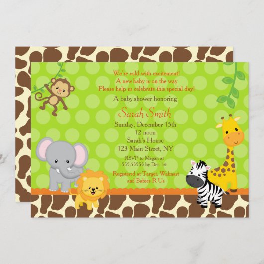 Safari Oerwoud Baby Shower-uitnodigingen Unisex Kaart (Voorkant / Achterkant)