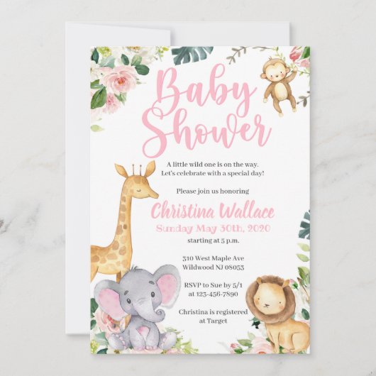 Safari Oerwoud Baby Shower-uitnodigingen voor meis Kaart (Voorkant)