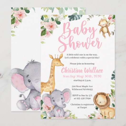 Safari Oerwoud Baby Shower-uitnodigingen voor meis Kaart (Voorkant / Achterkant)