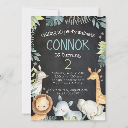 Safari Oerwoud Birthday Invitation, Chalkboard Kaart (Voorkant)