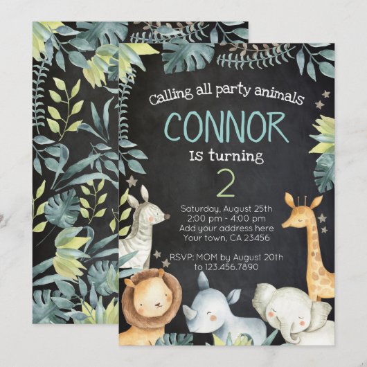 Safari Oerwoud Birthday Invitation, Chalkboard Kaart (Voorkant / Achterkant)