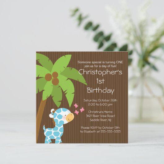 Safari Oerwoud Blue Giraffe Kind Birthday Party Kaart (Staand voorkant)