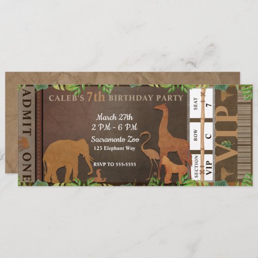 Safari Oerwoud Brown Animals Birthday Party Ticket Kaart (Voorkant / Achterkant)