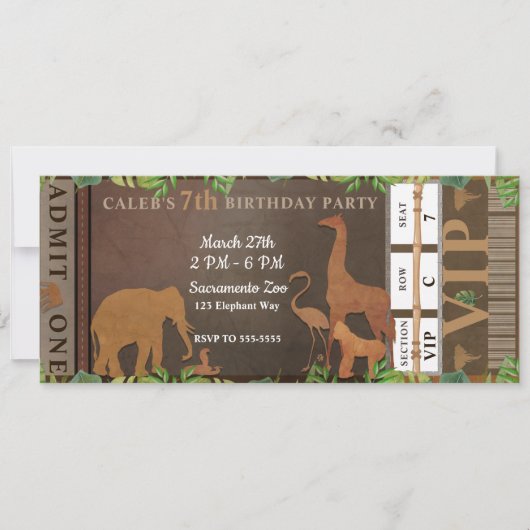 Safari Oerwoud Brown Animals Birthday Party Ticket Kaart (Voorkant)