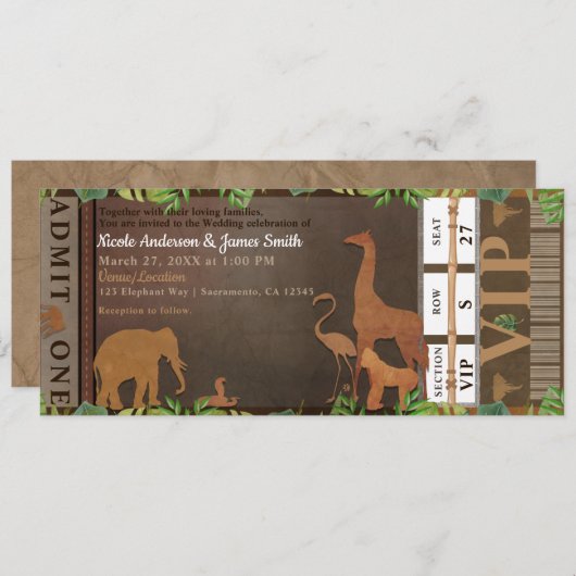 Safari Oerwoud Brown Animals Wedding Ticket Kaart (Voorkant / Achterkant)