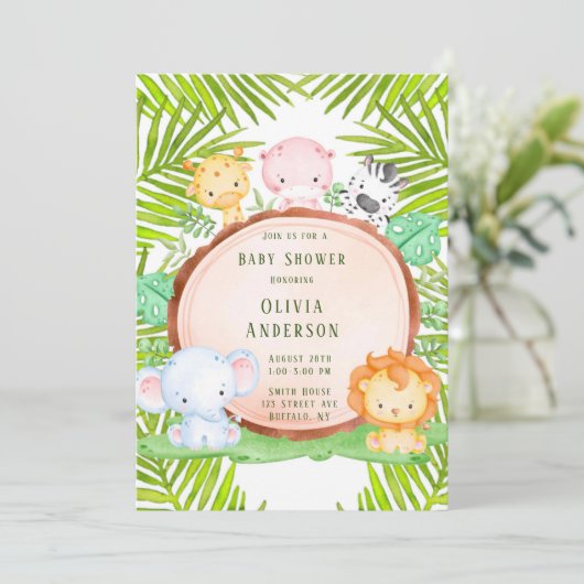 Safari Oerwoud Cartoon Dierlijk Baby shower Kaart (Staand voorkant)