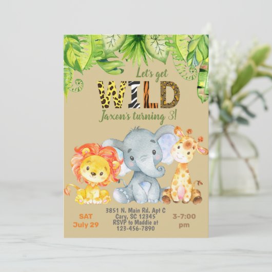 Safari Oerwoud dieren 3e verjaardag uitnodiging. Kaart (Staand voorkant)